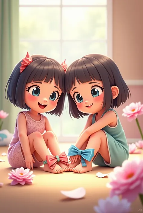 Better bows to feet of two girls animated