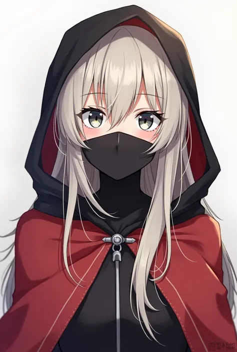  Draw an anime character with silver-blond long hair,  black mouth and nose cover , Black hood and red cape 