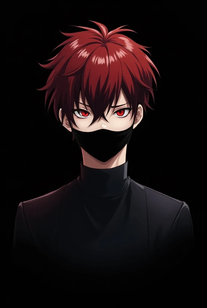 Male. short red and black hair. 18 years old. Handsome anime.  This image has a circular frame.Backround black.But he is demon. Black mouth mask.