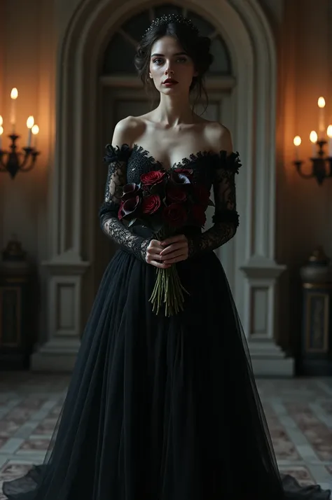 The bride wears a black dress at her ceremony, holding flowers