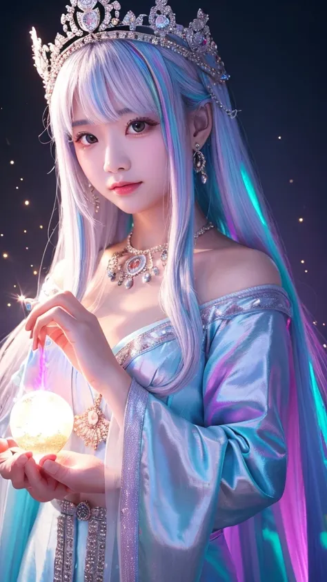 goddess　 facing the front　Mysterious　crown　Light color　 Spiritual　Silver Hair　Pale Rainbow 　 has a glowing crystal in her hand　face is skin tone　Rainbow-colored aura in the background 

