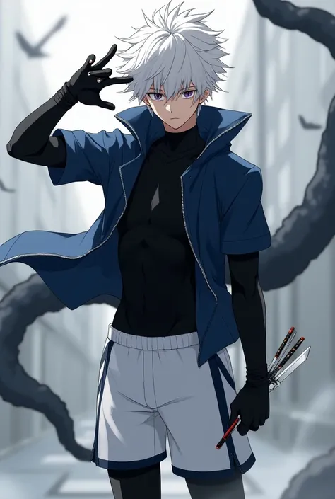  A 14-year-old anime boy with white hair wearing a dark blue short-sleeved jacket and had a tight black fabric on each arm and leg while you wore white shorts with a black line on each side and a black t-shirt under the jacket and you had a knife in your h...