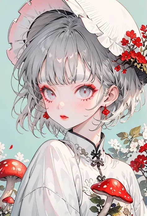 Pastel background(Highest quality,Very detailed,High resolution:1.2),Slim albino girl，Gray-haired berry shorthair,gray bangs，very_long white eyelashes, White eyebrows, White skin，Detailed lips, Cool look, Soft Skin, Shiny Hair,Exquisite makeup,Red mushroom...