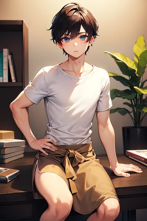 boy wearing beige t-shirt and loincloth, ((beautiful eyes, soft, best quality))