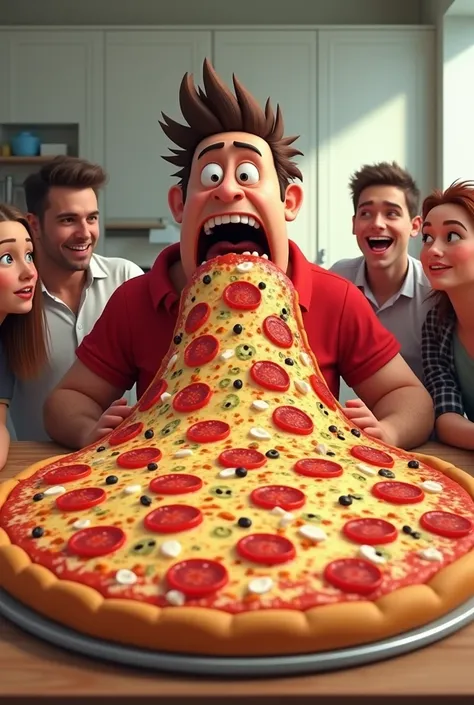 MrBeast bites into the pizza but struggles to even make a dent. His friends laugh as he realizes just how big of a challenge it is.