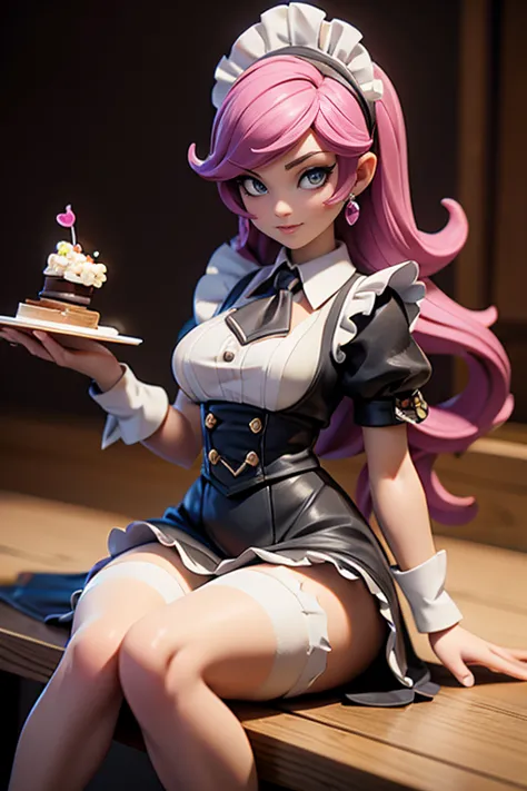 Q version of League of Legends Vi figure on the table, sitting in a maid outfit, full body shot,