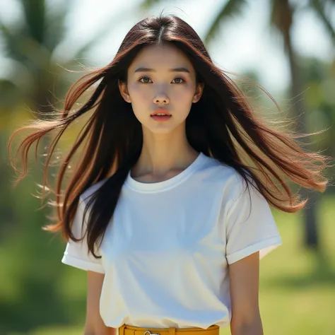 showing very detailed real photos of beautiful Korean women with long hair blowing in the wind, wearing formal casual clothes, white, blue, yellow T-shirts, coconut tre