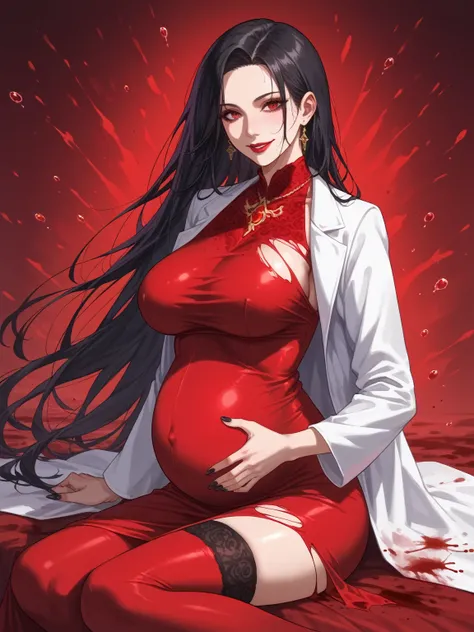 ((blood droplets)), ((blood)), ((blood splatter)), ((blood on clothes)) ((blood stain)), Masterpiece, very detailed, ultra detailed, one, (1 female), she is ghostly pale, skin white as sheet, well endowed body, medium weight, not slim, red lips, dressed in...