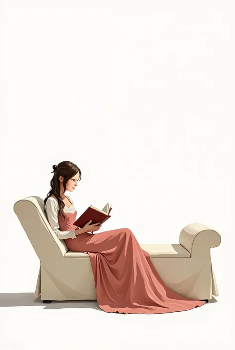 Anime, 2d vector art, a young woman sitting on a reclined coutch while Reading a book, in a white background, medieval woman, simple long dress, hyper dynamic view point:1.5