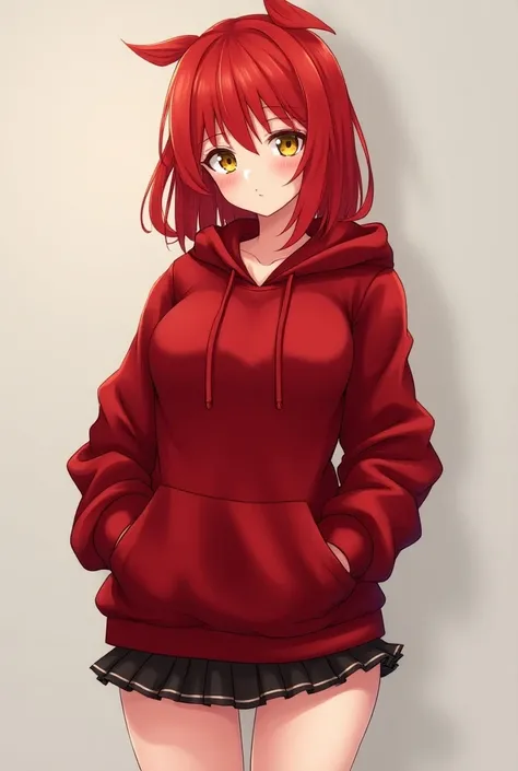  an anime girl wearing a red sweatshirt from there with a hoodie jacket and wearing a very small skirt, She had red hair and yellow eyes with huge breasts 