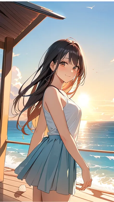 1 girl, ( cute face),  long hair , Hair fluttering in the ocean breeze ,  Casual Tank Tops, sheath skirt, Small breasts,  happy smile , 自由な姿勢  
break, Bright sun, (Warm Light:1.3), Blue Sky, The sound of waves,  Relaxed Atmosphere ,  
break, Wooden pier,  ...