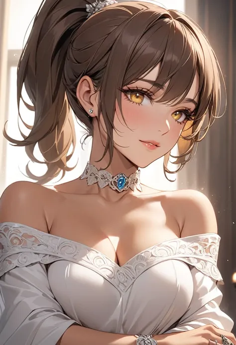 (( best quality )), (( Masterpiece)), ( Details), Young woman, ( Medium Breasts,  brown hair, Yellow eyes, ((Ponytail)) , Handsome face, (Tanned:1.3),Long eyelashes,Thick eyelashes),  milf,Diffuse light, sexy, Elegant, ดวงตาที่มี Detailsสวยงาม,  Sensual wo...