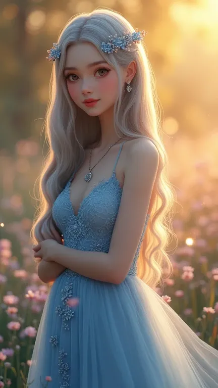  illuminated by the soft golden light of a calm morning, Fascinating close-up portrait of a beautiful little bird ,  Vivid bokeh gently surrounds its delicate figure , Blue Lace Long Dress , (((very graceful and beautiful ,  perfect detail , Super detailed...