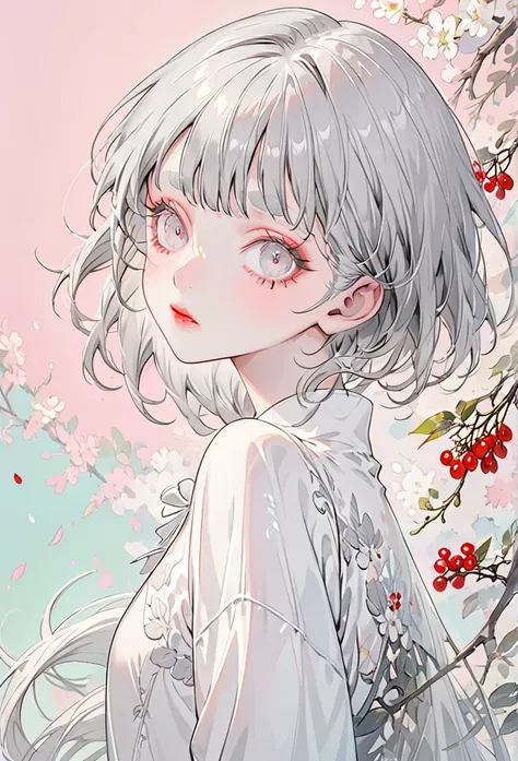 Pastel background(Highest quality,Very detailed,High resolution:1.2),Slim albino girl，Gray-haired berry shorthair,gray bangs，very_long white eyelashes, White eyebrows, White skin，Detailed lips, Cool look, Soft Skin, Shiny Hair,Exquisite makeup,