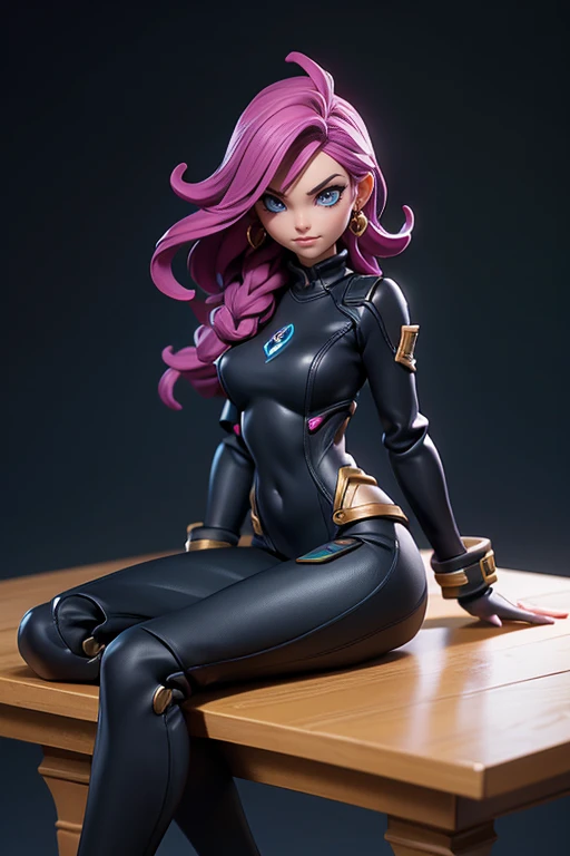 Q version of League of Legends Vi figure on the table, sitting in a tight body suit, full body shot,