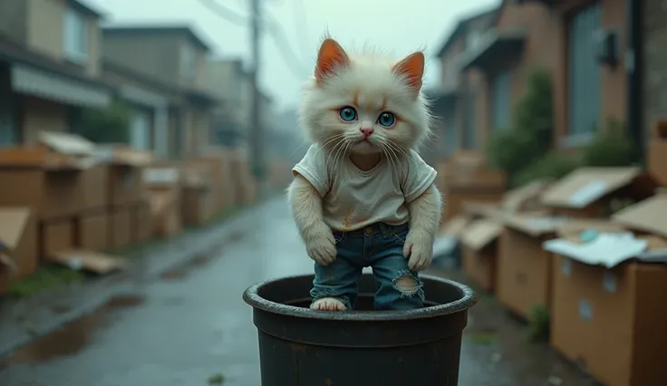 Style: Realistic, cinematic, dark, sad, sharp concept art, Details: Medium shot, a ragdoll kitten-boy is climb on a open trash can. Characters: a ragdoll kiten-boy, white fur, ((((((((((((((((((wet))))))))))))))))), cute, sad face, big blue eyes, walk on t...