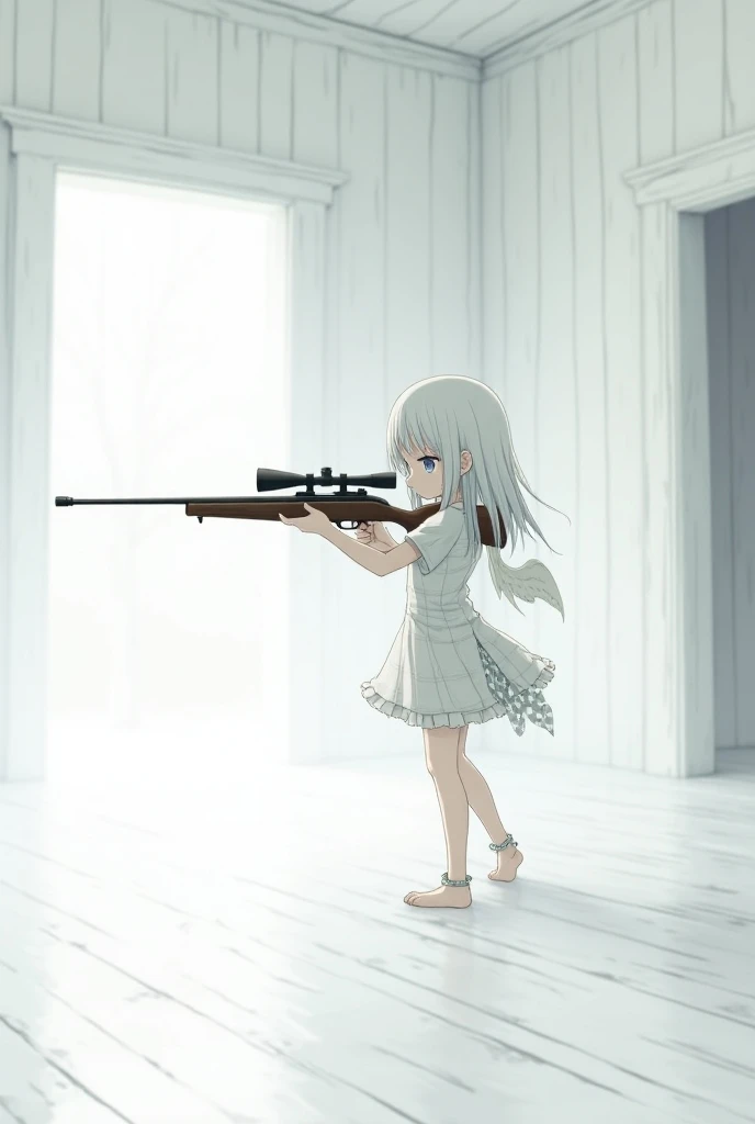 `Inside the house,    Drowning , small mouth, white plaid dress, Long hair, White hair, White hair카락 한 가닥  is standing,  small white eyebrows, small neck , white eyes, small eyes, dead eyes, Aiming with a white sniper rifle in his hand, small stature, smal...