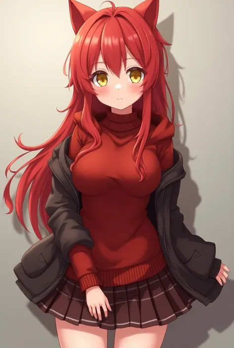 An anime girl wearing a red sweater from there with a hooded jacket wearing a very small skirt, She had red hair and yellow eyes with huge breasts 