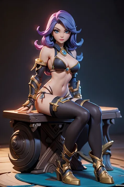 Q version of League of Legends Vi figure on the table, sitting in bikini armor, full body shot,