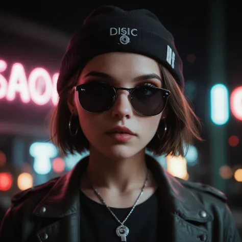 Face close up, alternative girl, watching over black sunglasses, jacket, necklace, neon light reflections on skin, ear ring, makeup, skin imperfection, short hair, beanie, neon lights background, low light, depth of field, highly detailed, high contrast, f...