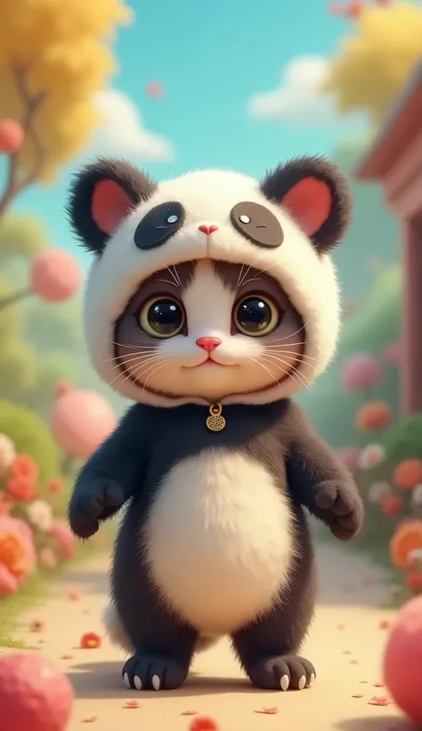 a cute little cat standing, in giant pandas costume, cartoon background, looking at the front, realistic