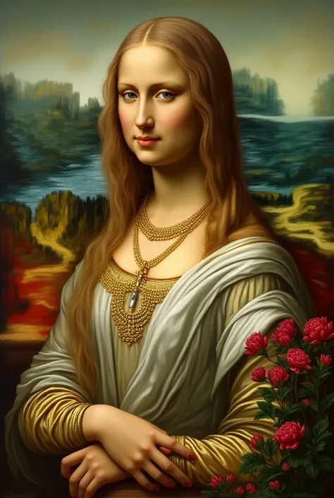 Make me a picture of Monalisa .  She should have blond hair and wear golden jewelry. She should wear a white dress and the Christian religion must be clearly visible and in the foreground.  There should be flowers and a storm in the background .
