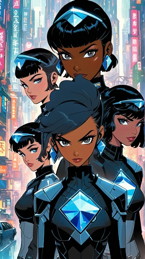 futuristic police , the five are beautiful androids dedicated to justice and peace in the streets ,
 five women of different rac...