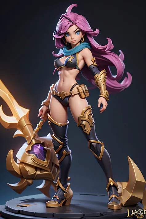 Q version of League of Legends Vi figure on the table, wearing bikini armor, standing with one hand on hip and legs open, full body shot,