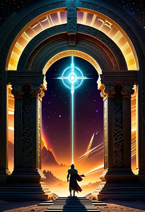 ((  Lost Civilizations :1.8))， Space-Time Gate ，ruins，Alien Planet ， Desolate Planet ， Mysterious Gate ，  Cross-dimensional Portal  ， Arched Door  ，Complex carving， Glowing Crystal ， Gateway to Another Dimension {x} Gateway to Another Dimension，Time Travel...