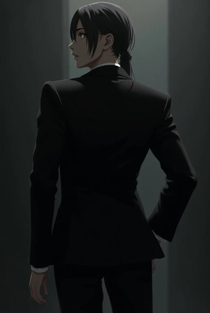 Anime body in black suit standing back