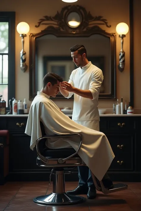 Ronaldo is barber cut a person hair