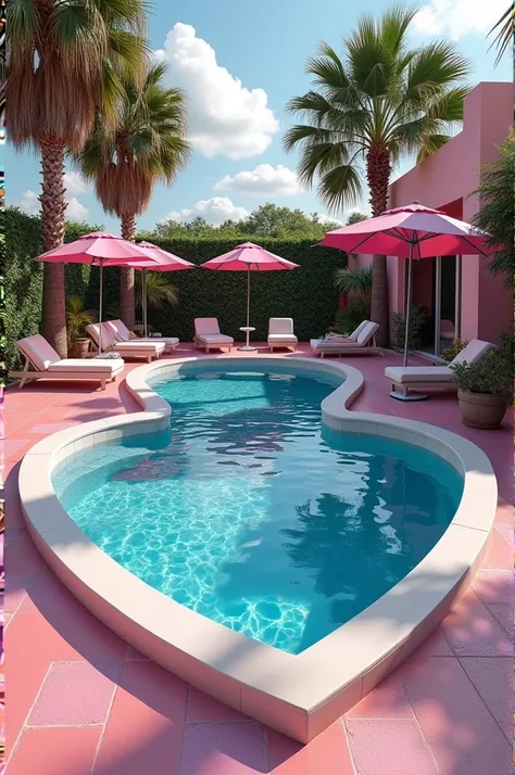 ((best quality)), ((masterpiece)), (detailed), Pink and heart shaped swimming pool