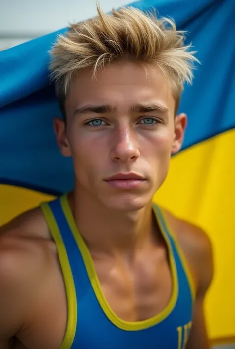  ultra realistic photography , model with blond blue eyes . sporty outfit.  Holding the flag of Ukraine 