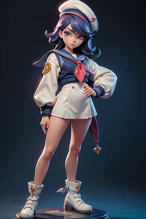 Q version of League of Legends Vi figure on the table, wearing a sailor suit, standing with one hand on hip and legs open, full body shot,