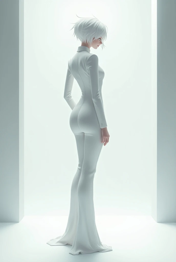 Anime character wearing white hair suit, standing back