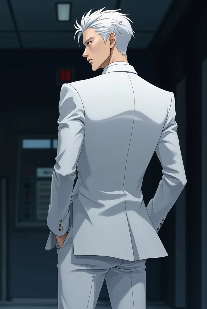 Anime male character wearing white hair suit, standing facing back