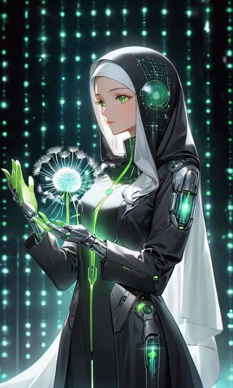 4D realistic image of a beautiful cybernetic woman in a long hijab wearing a sophisticated black metallic coat suit. He raised both hands and touched a hologram screen that read "DANDELION VIRUS" next to a picture of a dandelion, revealing the advanced, gl...