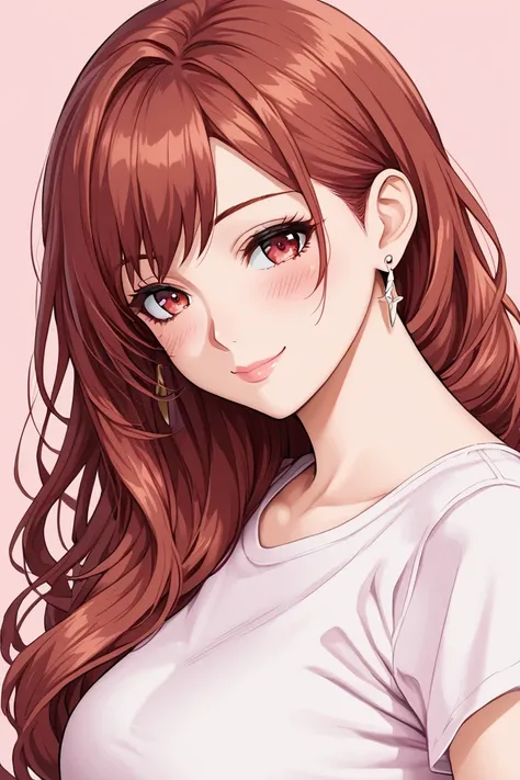 anime styled, high detail, best quality, simple background, anime woman, 21 years old, long hair, straight hair, auburn hair, red eyes, pink glossy lips, earrings, white t-shirt, blush, closed mouth, light smile