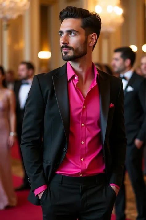 A man attends a wedding wearing a pink and black shirt