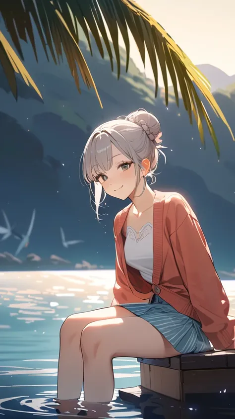 1 girl, ( cute face),  medium hair,  bun hair,  cardigans, Wrap Around skirt, Small breasts,  calm smile , 思索的な姿勢  
break, Soft Light, ( Soft Light :1.2),  gentle tone ,  quiet atmosphere,  
break,  sitting on the pier , Sky reflected on the surface of the...