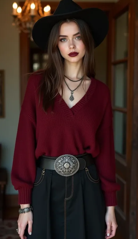 Stylish young woman at home, dressed to welcome guests for Thanksgiving in a soft,dark-colored, deep red V-neck sweater that exudes cozy sophistication. She’s paired it with a high-waisted black skirt to capture gothic edge. chunky leather belt with a vint...