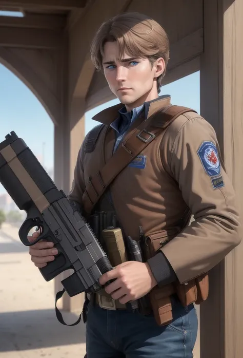 Adult man with delicate features and light brown hair (1,73m). His blue eyes show nervousness ,  but you notice that he carries a semi-automatic pistol with determination.