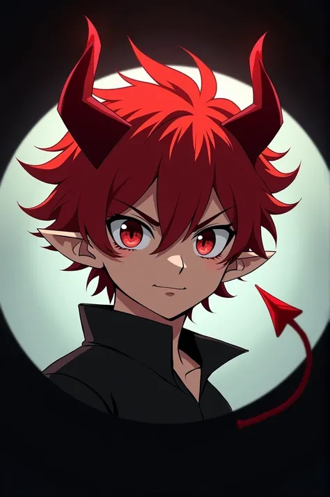 Male. short red hair. 18 years old. anime.  This image has a circular frame. Devil boy.