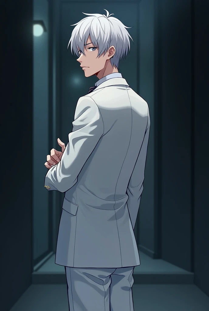 Anime male character wearing white hair suit, standing facing back