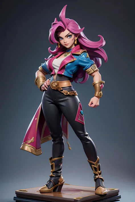 Q version of League of Legends Vi figure on the table, dressed as a professional wrestler, standing with one hand on hip and legs open, full body shot,