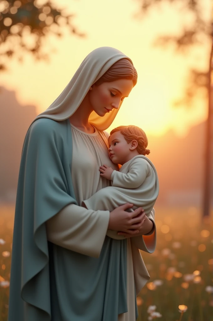 "A high-quality 3D image of Mother Mary holding Baby Jesus during a serene sunrise. The soft morning light casts a warm, golden glow on their faces, creating an atmosphere of peace and new beginnings. Mother Mary is dressed in light blue and white robes, g...