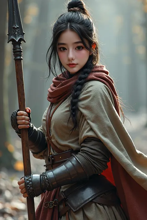 1 girl, beautiful, young 18 years old, Focus alone, full-bodied,  Practical cloth armor, Holding a long pole halberd,