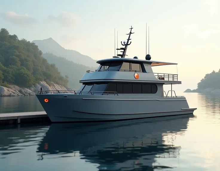 A highly realistic scene of a two-level boat with a grey base color and black lines docked at a simple, well-maintained jetty. The boat features an orange circle logo and has a clean, elegant design. The calm setting includes soft reflections on the water ...