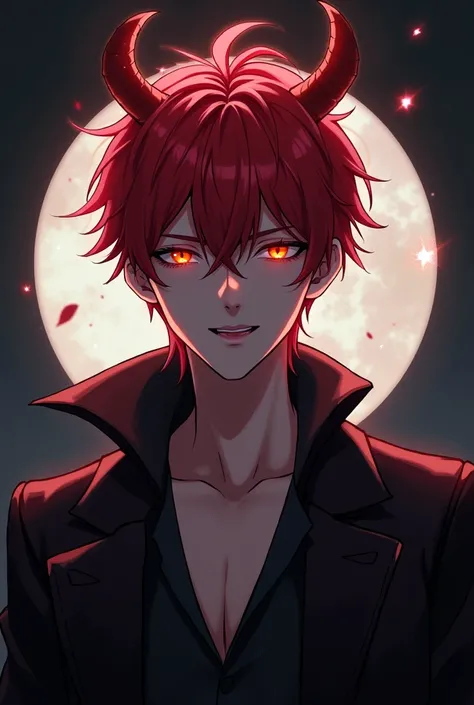 Male. short red hair. 18 years old. anime.  This image has a circular frame. Devil.