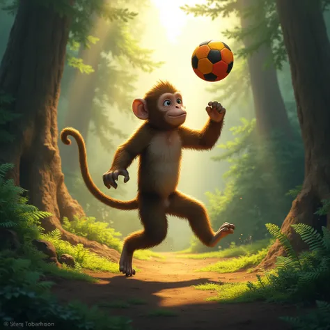 a monkey with a soccer ball in the middle of the forest